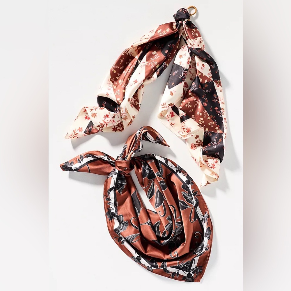 ANTHROPOLOGIE Satin Hair Scarves Set of 2 Cottage Floral/Brown $34 Retail NWT